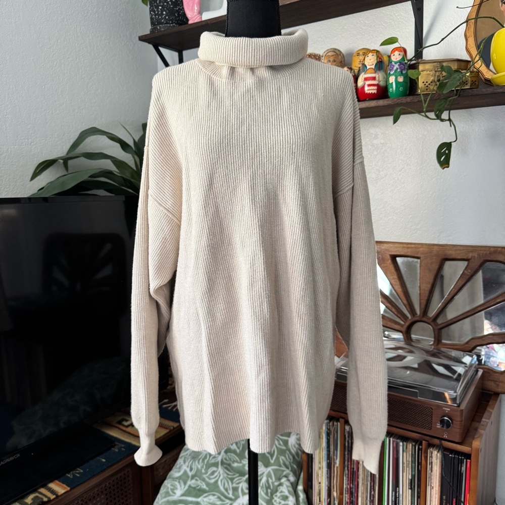 Free People Oversized Ribbed Knit Cream Turtleneck Sweater